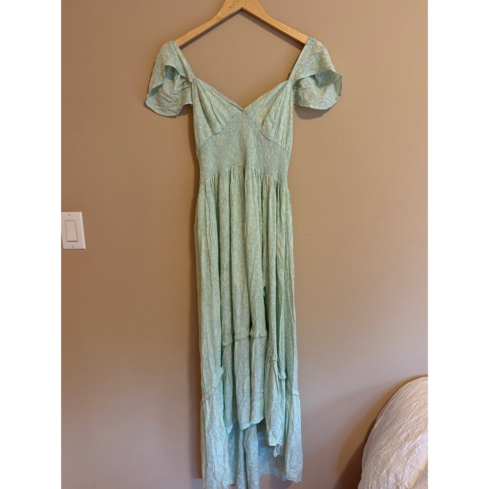 Ardene Blue Floral Smocked High Low Maxi Dress Lace Up Back Boho Women Medium